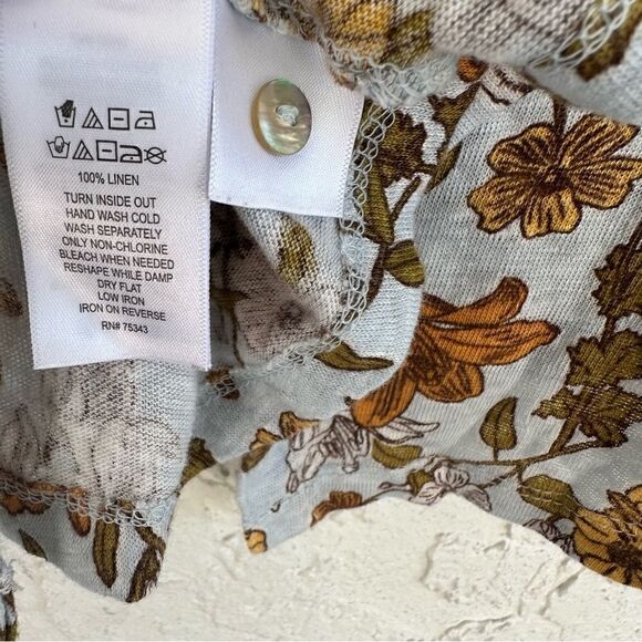 CYNTHIA ROWLEY Linen Floral Tee Large Button Down Back Short Sleeve Boho - Picture 8 of 8